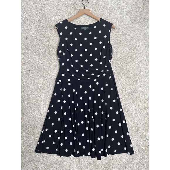 Lauren Ralph Lauren Dresses & Skirts - Lauren Ralph Lauren Black White Polka Dot Dress Sz 12P Ruched Flounce Skirt